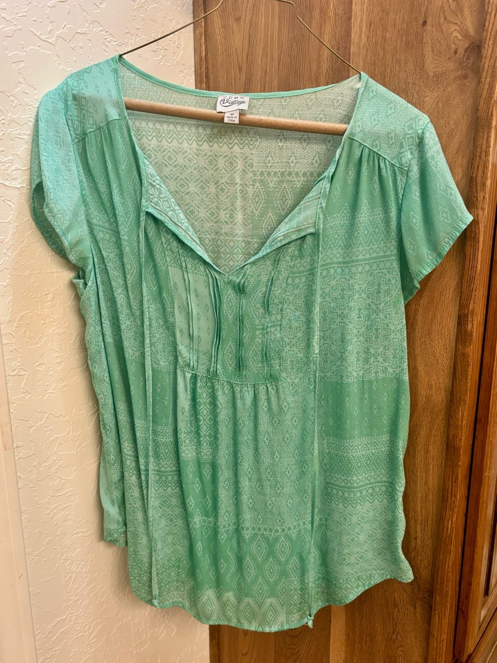 Como Vintage Mint Green Printed Short Sleeve Blouse
